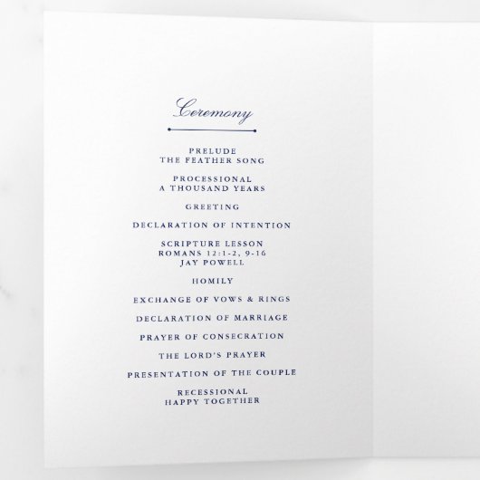 Programme Trois Volets Mariage bleu et blanc chic Navy (Intérieur en premier)