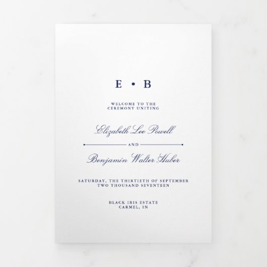 Programme Trois Volets Mariage bleu et blanc chic Navy (Page de couverture)