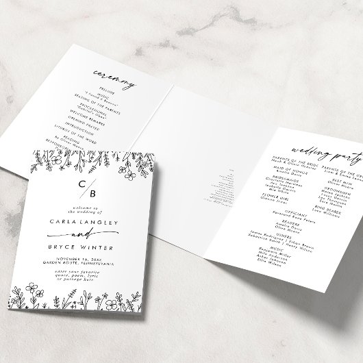 Programme Trois Volets Mariage Bohème Chic Fleur Sauvage Monogramme