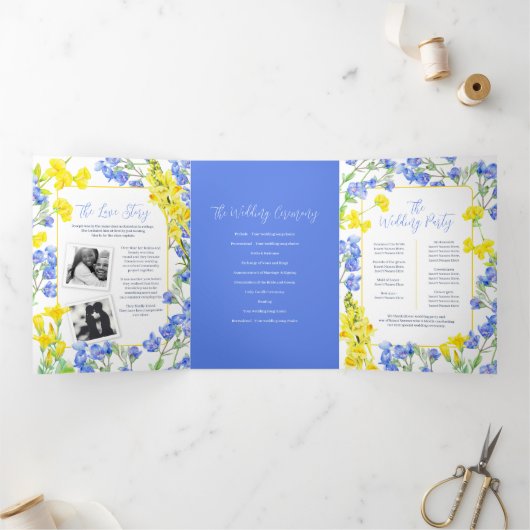 Programme Trois Volets mariage botanique bleu fleur sauvage jaune (Intérieur)