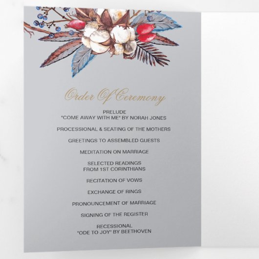 Programme Trois Volets Mariage Coton Hiver Bleu Poussiéreux Baies Rouges (Intérieur en premier)