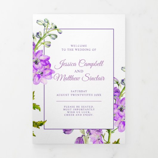 Programme Trois Volets Mariage d'aquarelle de fleurs de delphinium violet (Page de couverture)