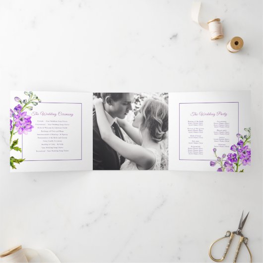 Programme Trois Volets Mariage d'aquarelle de fleurs de delphinium violet (Intérieur)