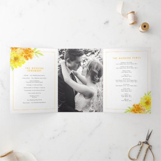 Programme Trois Volets Mariage d'aquarelle de fleurs de marigold jaune (Intérieur)