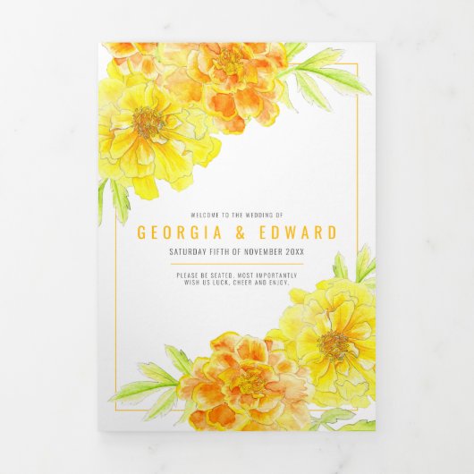Programme Trois Volets Mariage d'aquarelle de fleurs de marigold jaune (Page de couverture)