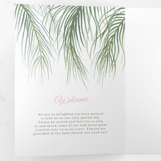 Programme Trois Volets Mariage d'aquarelle de palmiers tropicaux rose ver (Intérieur en premier)