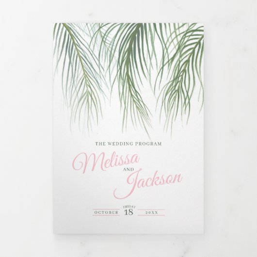 Programme Trois Volets Mariage d'aquarelle de palmiers tropicaux rose ver (Page de couverture)