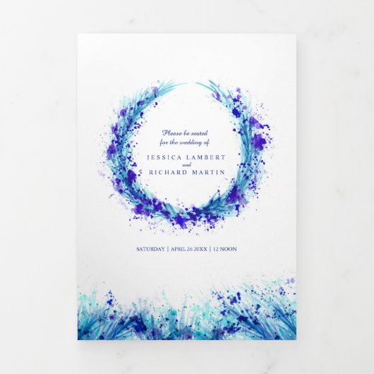 Programme Trois Volets Mariage de couronne d'aquarelle bleu (Page de couverture)