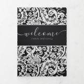 Programme Trois Volets Mariage élégant moderne Noir Blanc Floral Damask (Page de couverture)
