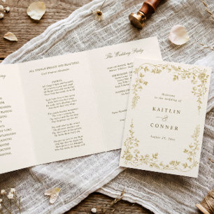 Programme Trois Volets Mariage Floral Vintage Français Or et Ivoire Toile