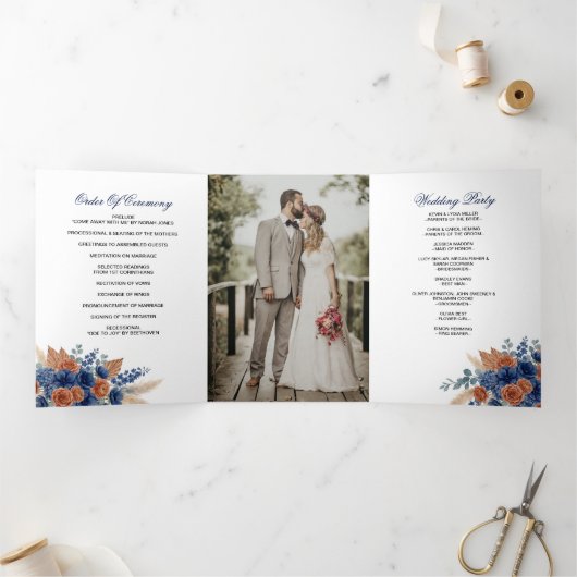 Programme Trois Volets Mariage Moderne Terracotta Navy Pampas Verdure (Intérieur)