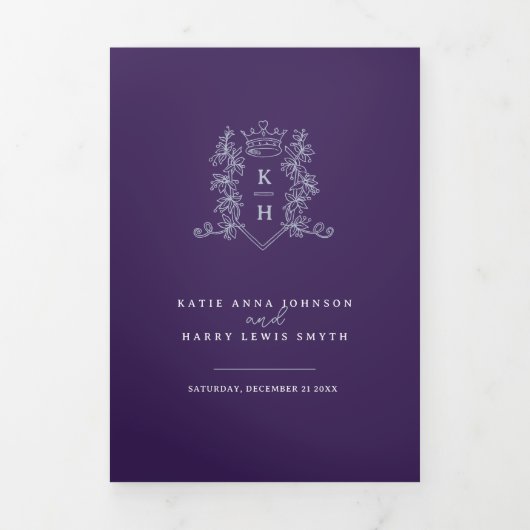 Programme Trois Volets Mariage monogramme de couronne photo blanc violet (Page de couverture)