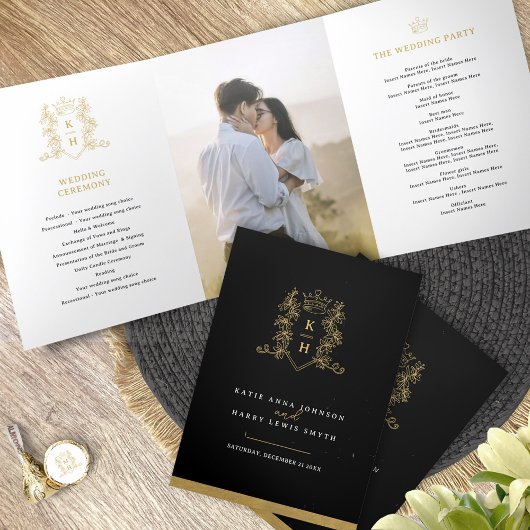 Programme Trois Volets Mariage monogramme de couronne photo en or noir bl