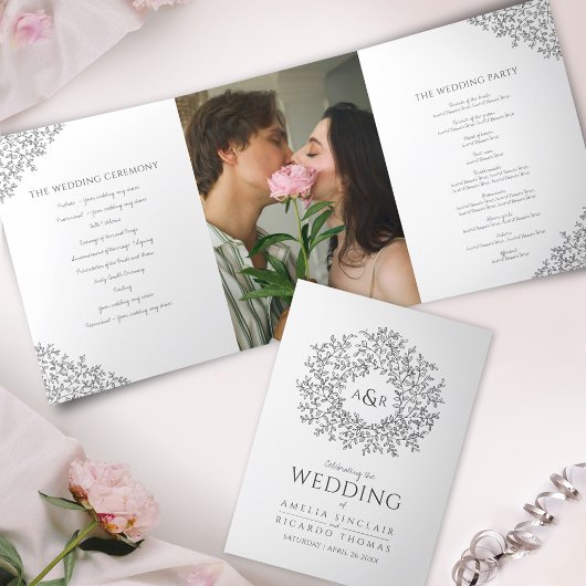 Programme Trois Volets Mariage photo en monogramme blanc gris