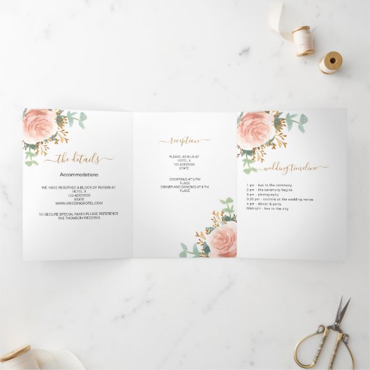 Programme Trois Volets mariage rose d'eucalyptus à fleurs d'or (Intérieur)