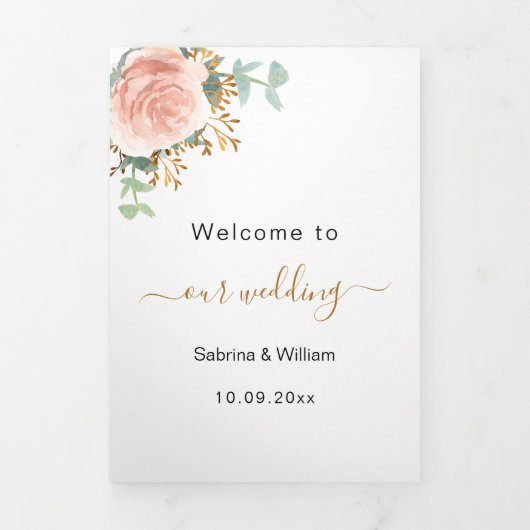 Programme Trois Volets mariage rose d'eucalyptus à fleurs d'or (Page de couverture)