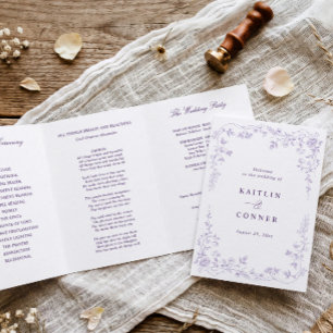 Programme Trois Volets Mariage Vintage Floral Français Lavande Violet