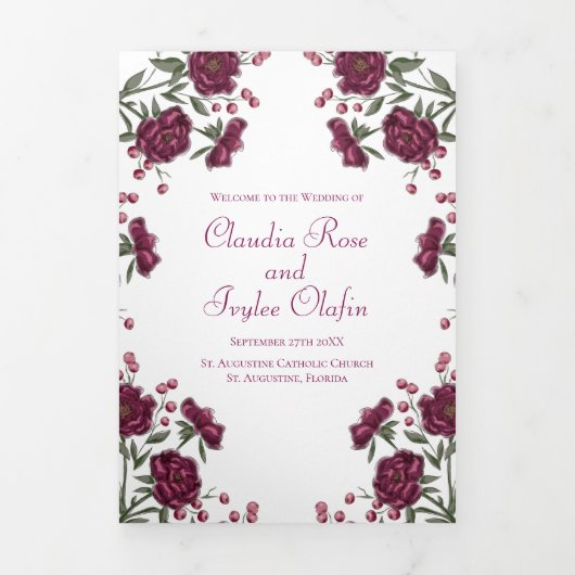 Programme Trois Volets Maroon Rose Wedding Programs (Page de couverture)