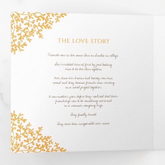 Programme Trois Volets Monogramme orange Brown dédicace photo mariage Tri (Intérieur en premier)