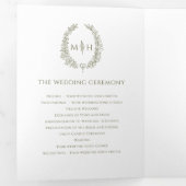 Programme Trois Volets Olive vert blanc ovale feuille monogramme mariage (Intérieur en premier)