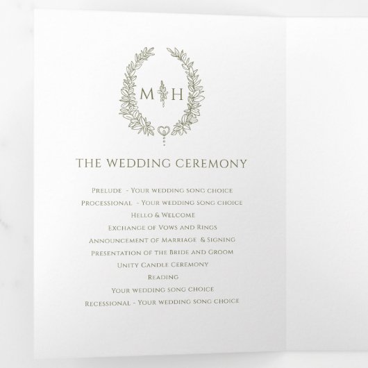 Programme Trois Volets Olive vert blanc ovale feuille monogramme mariage (Intérieur en premier)