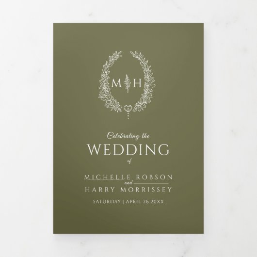 Programme Trois Volets Olive vert blanc ovale feuille monogramme mariage  (Page de couverture)