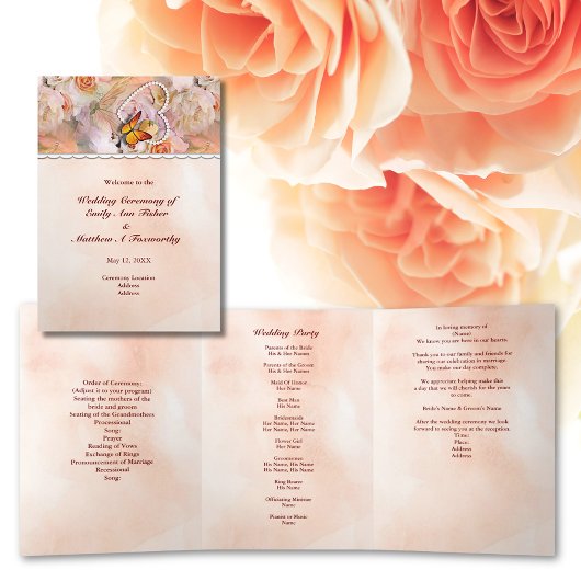 Programme Trois Volets Pearl Heart Floral Orange Floral Mariage papillon