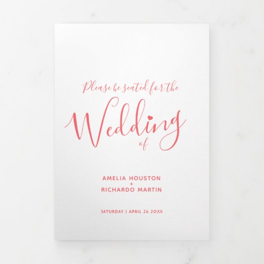 Programme Trois Volets Petit script de coeur blanc corail blanc mariage (Page de couverture)