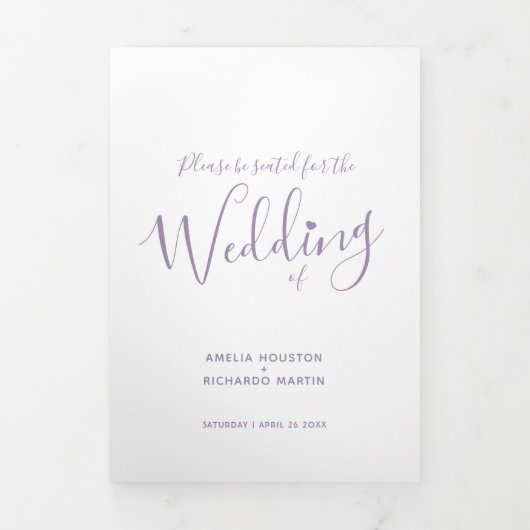 Programme Trois Volets Petit script de coeur blanc violet blanc mariage (Page de couverture)