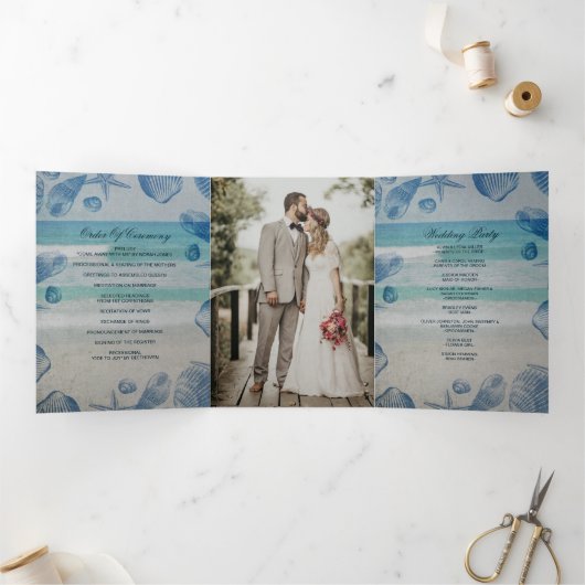 Programme Trois Volets Rustic Blue Seashells Beach Mariage Photo (Intérieur)