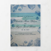 Programme Trois Volets Rustic Blue Seashells Beach Mariage Photo (Page de couverture)