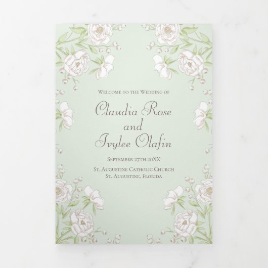 Programme Trois Volets Sage Green White Rose Wedding Programs (Page de couverture)