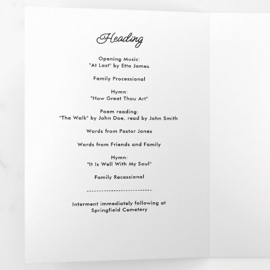 Programme Trois Volets Script moderne 8 photos funérailles/mémorial (Intérieur en premier)