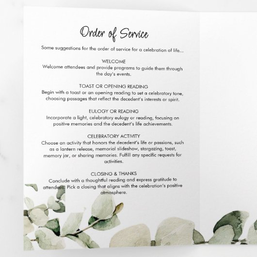 Programme Trois Volets Script moderne Eucalyptus 2 photos funérailles/Mém (Intérieur en premier)