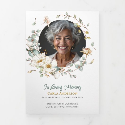 Programme Trois Volets Script moderne Floral 2-Photo Funérailles/Mémorial (Page de couverture)