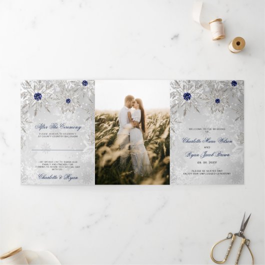 Programme Trois Volets Silver Navy Blue Snowflake Mariage hivernal (Extérieur)