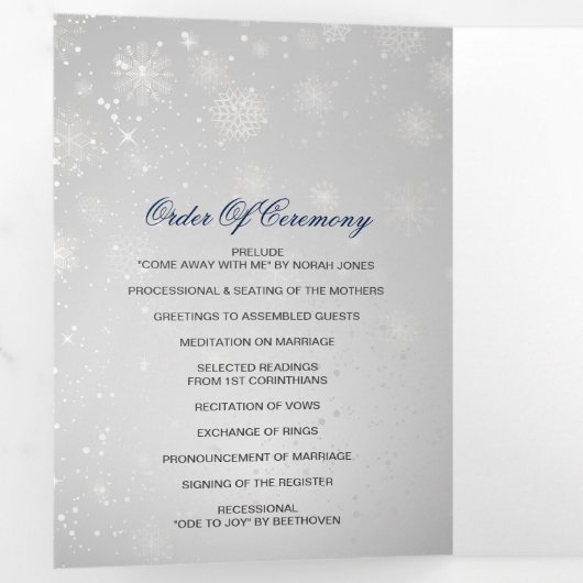Programme Trois Volets Silver Navy Blue Snowflake Mariage hivernal (Intérieur en premier)
