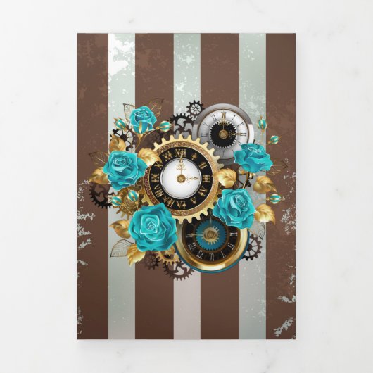 Programme Trois Volets Steampunk Clock and Turquoise Roses on Striped (Page de couverture)