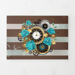 Programme Trois Volets Steampunk Clock and Turquoise Roses on Striped