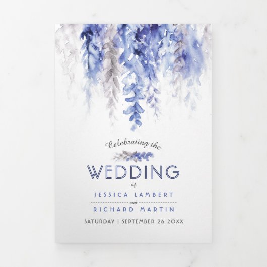 Programme Trois Volets Vins hiver bleu gris aquarelle mariage (Page de couverture)