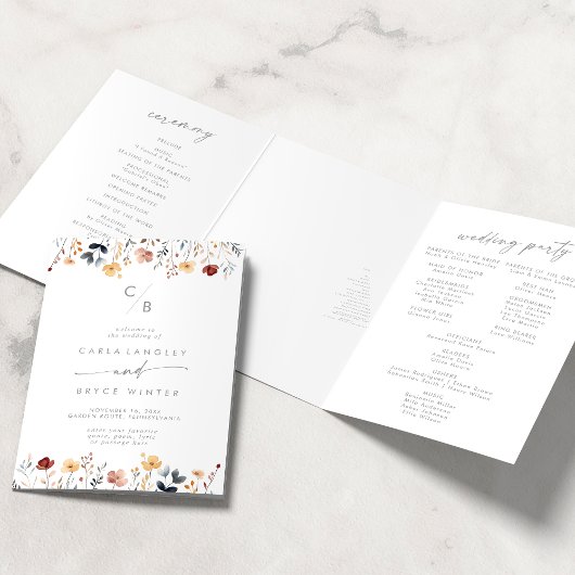 Programme Trois Volets Whimsical Multicolor Wildflower Monogram Wedding
