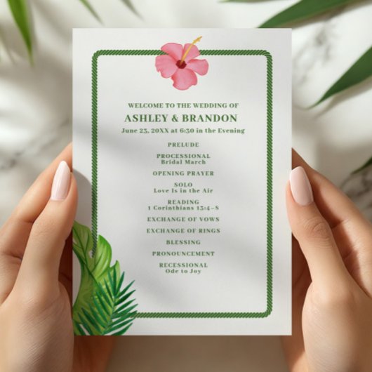 Programme Tropical Green and Pink Flower Coastal Wedding