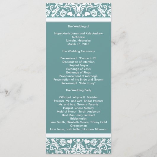 Programme Turquoise Aqua Blue Damask Swirls Wedding Programm (Devant)