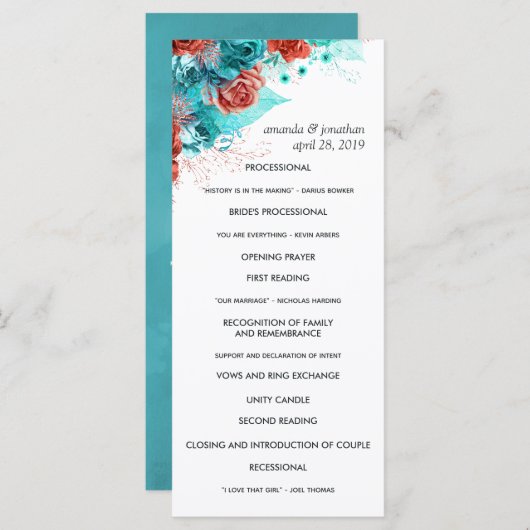 Programme Turquoise et corail Rustique Mariage floral (Devant / Derrière)