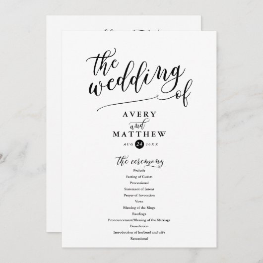 Programme Typographie de script simple | Cérémonie Mariage (Devant / Derrière)