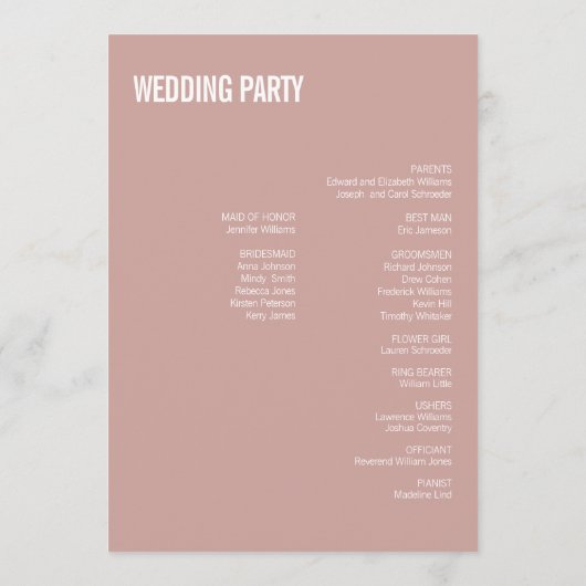 Programme Typographie simple Boho Dusty Rose Mariage (Dos)