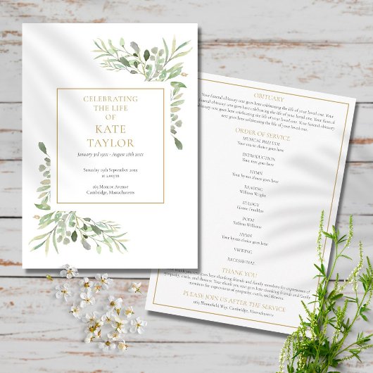 Programme Verdure Foliage Funérailles Mémorial Ordre de serv