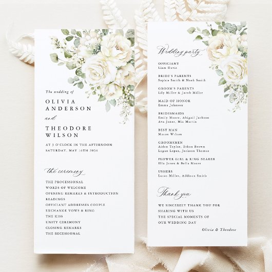 Programme Vert élégant de mariage de cérémonie florale blanc