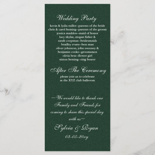 Programme vert Silver Snowflakes durée du mariage (Dos)