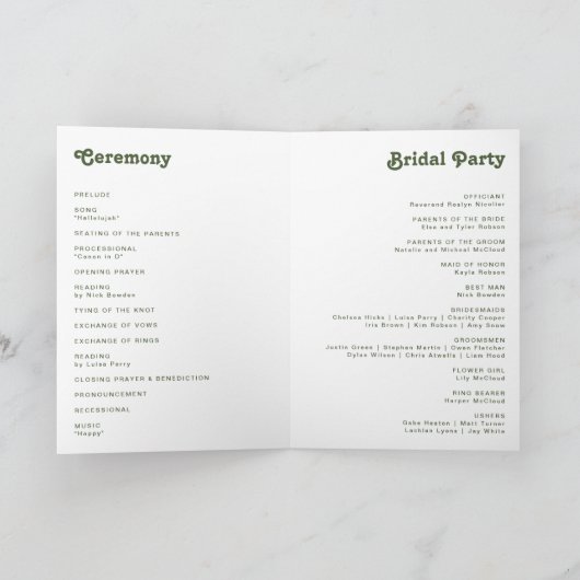 Programme Vibes rétro simples | Mariage plié vert olive (Intérieur)